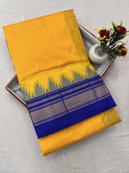 Ilkal Saree – Mustard Yellow with Royal Blue Pallu – Silk Warp Cotton Weft