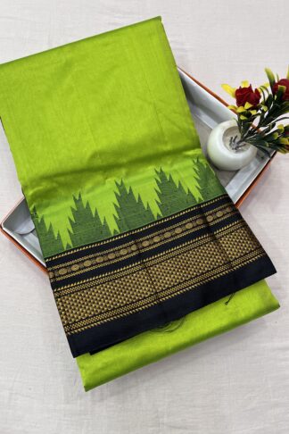 Lime green silk cotton saree with black border and intricate golden zari detailing – traditional ethnic wear