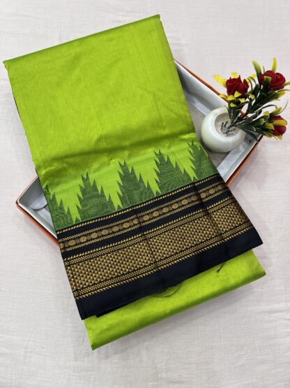 Lime green silk cotton saree with black border and intricate golden zari detailing – traditional ethnic wear