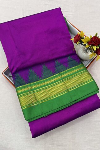 Purple and Green Authentic Silk Saree with Golden Zari Border