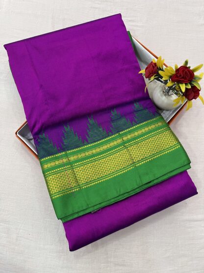 Purple and Green Authentic Silk Saree with Golden Zari Border