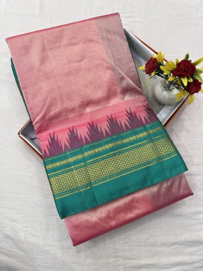 Blush pink and emerald green Ilkal saree with gold zari chikki paras border, woven in silk warp and cotton weft.