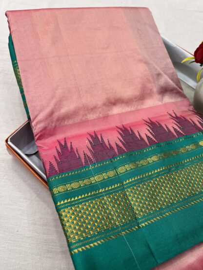 Blush Pink & Emerald Green Ilkal Saree with Gold Zari Border and Silk Warp