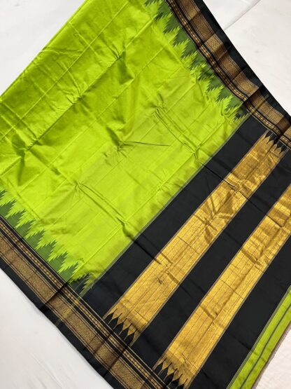 Full-length lime green saree with broad black-gold pallu and woven zari border – festive silk cotton drape.