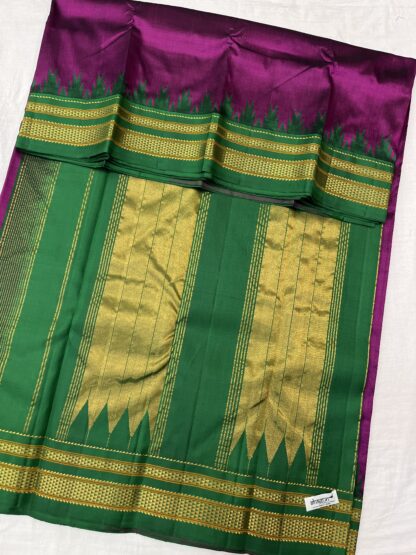 Purple and Green Handwoven Cotton Saree with Gold Zari Border