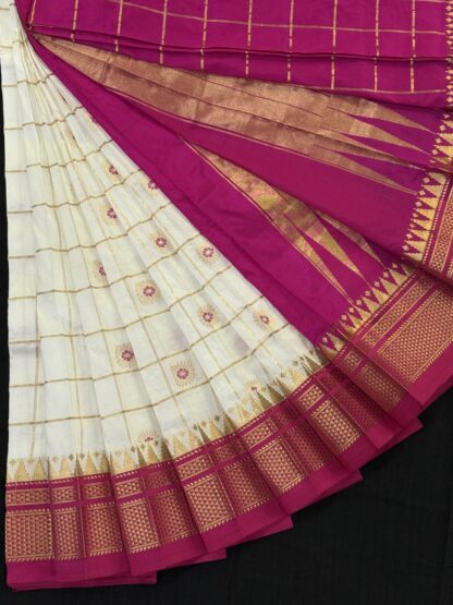 White Pink Pure Silk Checks Ilkal Saree