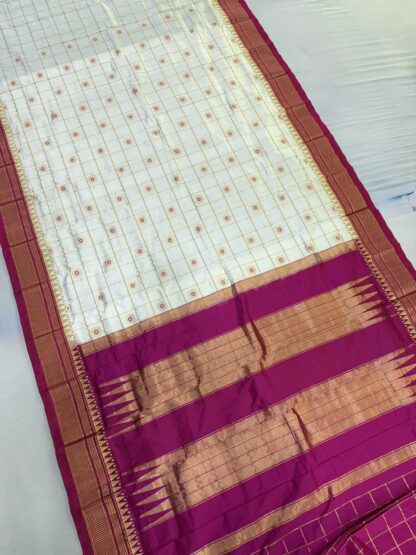 White Pink Pure Silk Checks Ilkal Saree