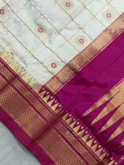 White Pink Pure Silk Checks Ilkal Saree