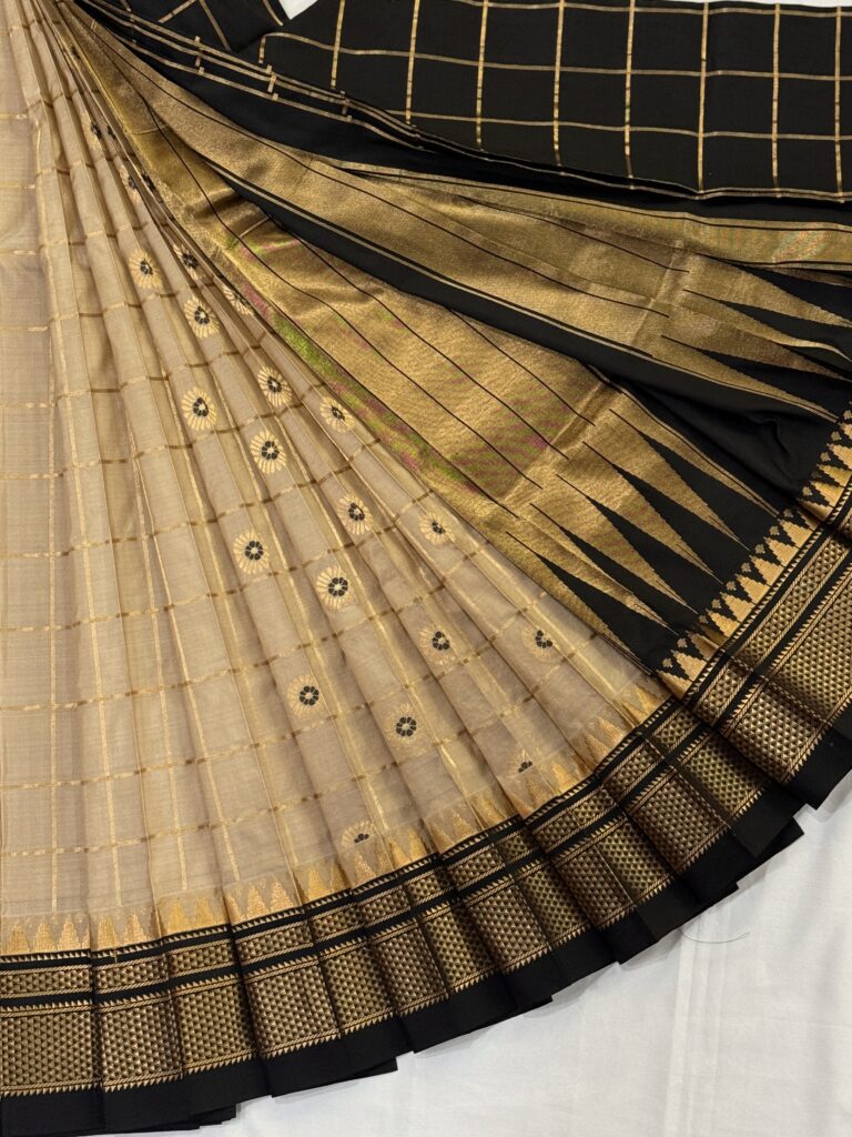 Chiku Black Pure Silk Checks Ilkal Saree