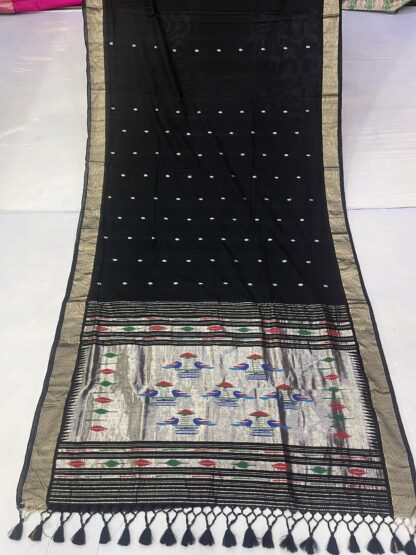 Black Silver Cotton Paithani Saree 5