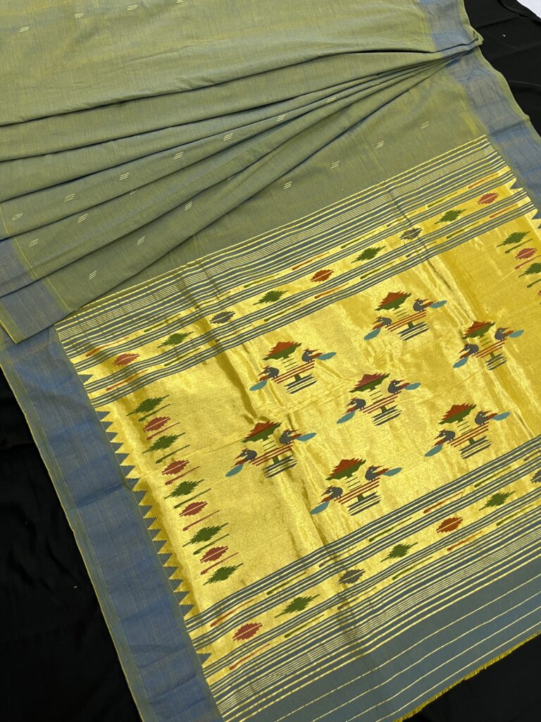 Mehendi Blue Cotton Paithani Saree 11