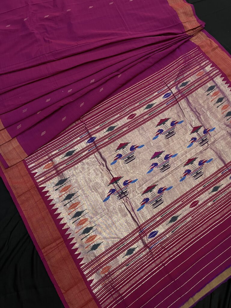 Purple Red Cotton Paithani Double Pallu Saree 4