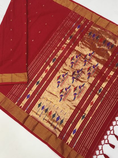 Red Cotton Paithani Double Pallu Saree 6