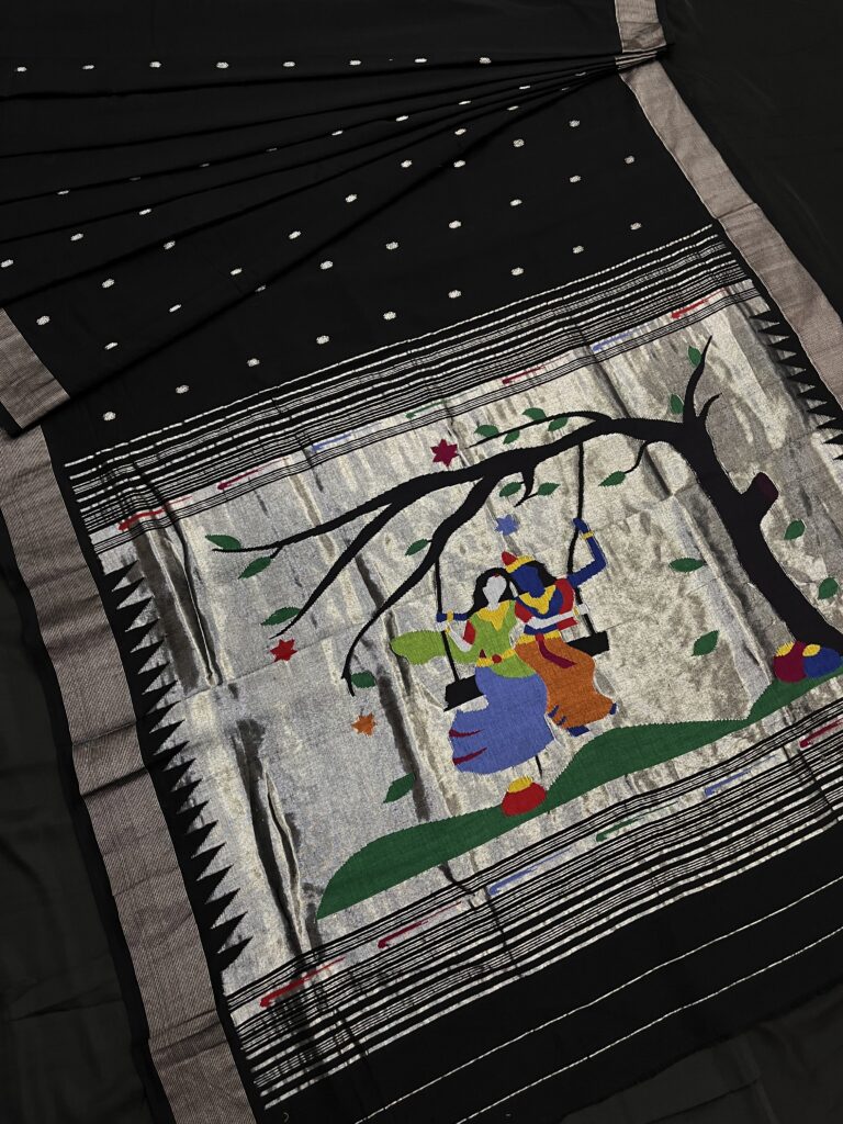 Black Cotton Paithani Radha Krishna Pallu 19