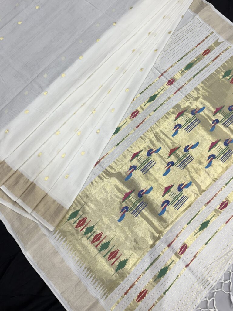 White Handloom Cotton Paithani Saree 30