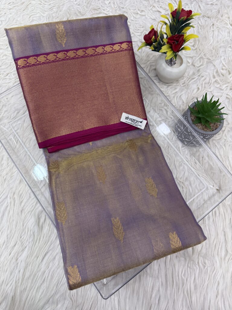 lavender Chanderi tissue silk saree with golden wheat motifs and copper pallu