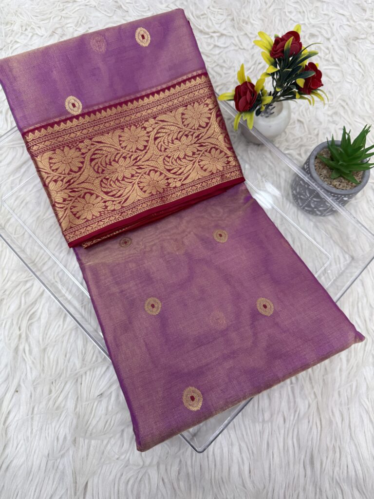 Folded lavender Chanderi tissue silk saree with golden floral zari border