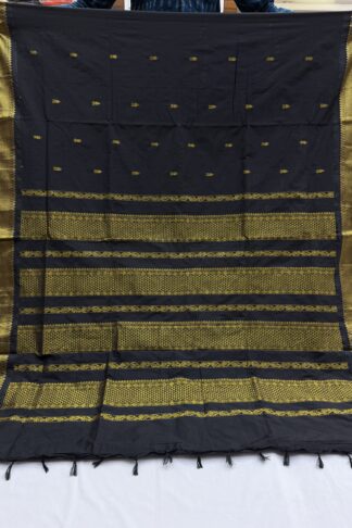 Full View of Black Gadwal Cotton Saree with Golden Pallu and Motifs
