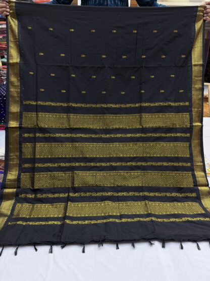 Full View of Black Gadwal Cotton Saree with Golden Pallu and Motifs