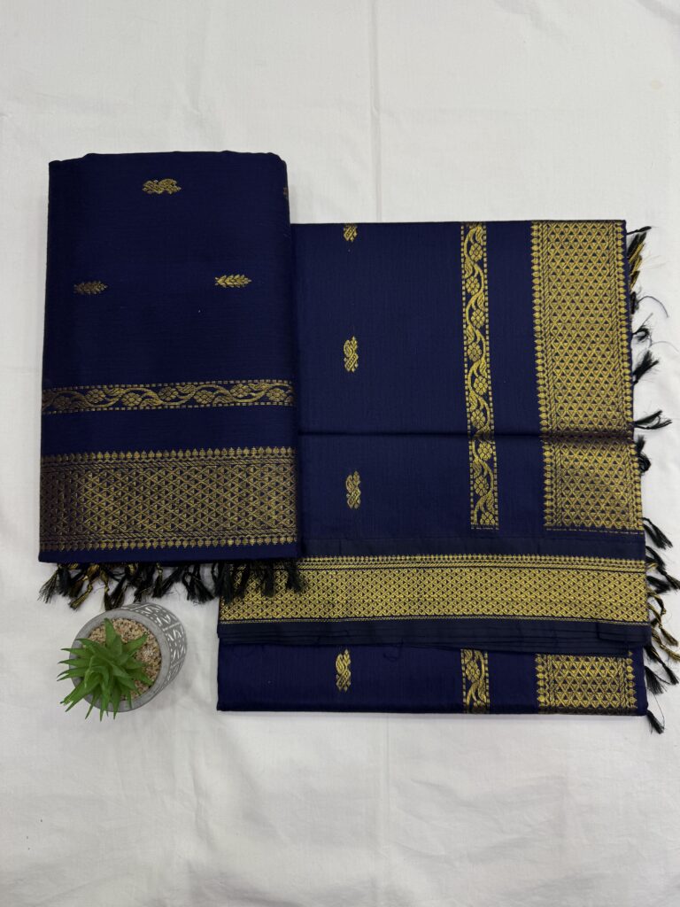 Folded view of Navy Blue Gadwal Cotton Paithani Saree with Zari Work