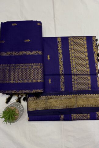 Folded Ink Blue Gadwal Cotton Saree with Golden Zari Border