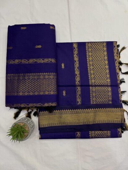 Folded Ink Blue Gadwal Cotton Saree with Golden Zari Border