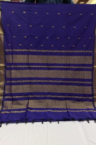 Full View of Ink Blue Handloom Cotton Saree with Paithani Zari Pallu and Motifs