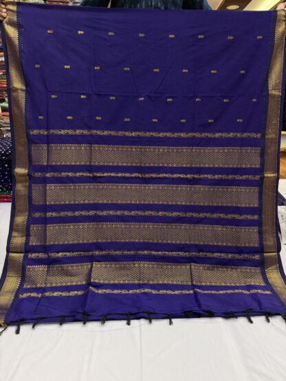 Full View of Ink Blue Handloom Cotton Saree with Paithani Zari Pallu and Motifs