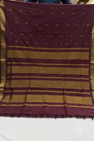 Full saree display of Maroon Paithani Cotton Saree with Zari Motifs and Border