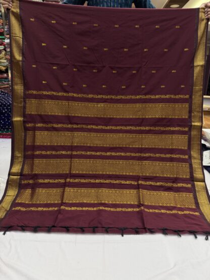 Full saree display of Maroon Paithani Cotton Saree with Zari Motifs and Border