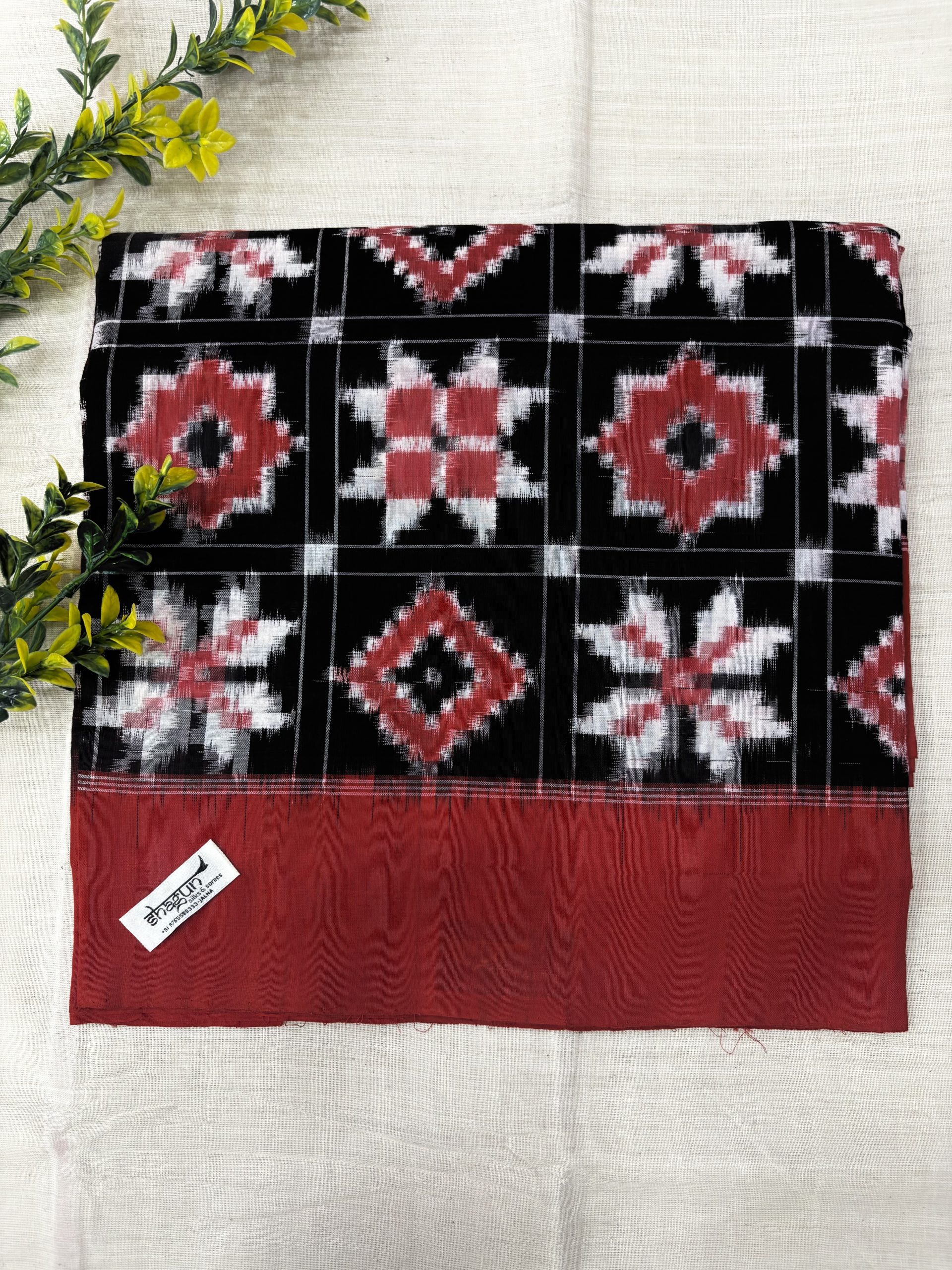 Black Red Checks 4 Motifs Telia Rumal Cotton Saree