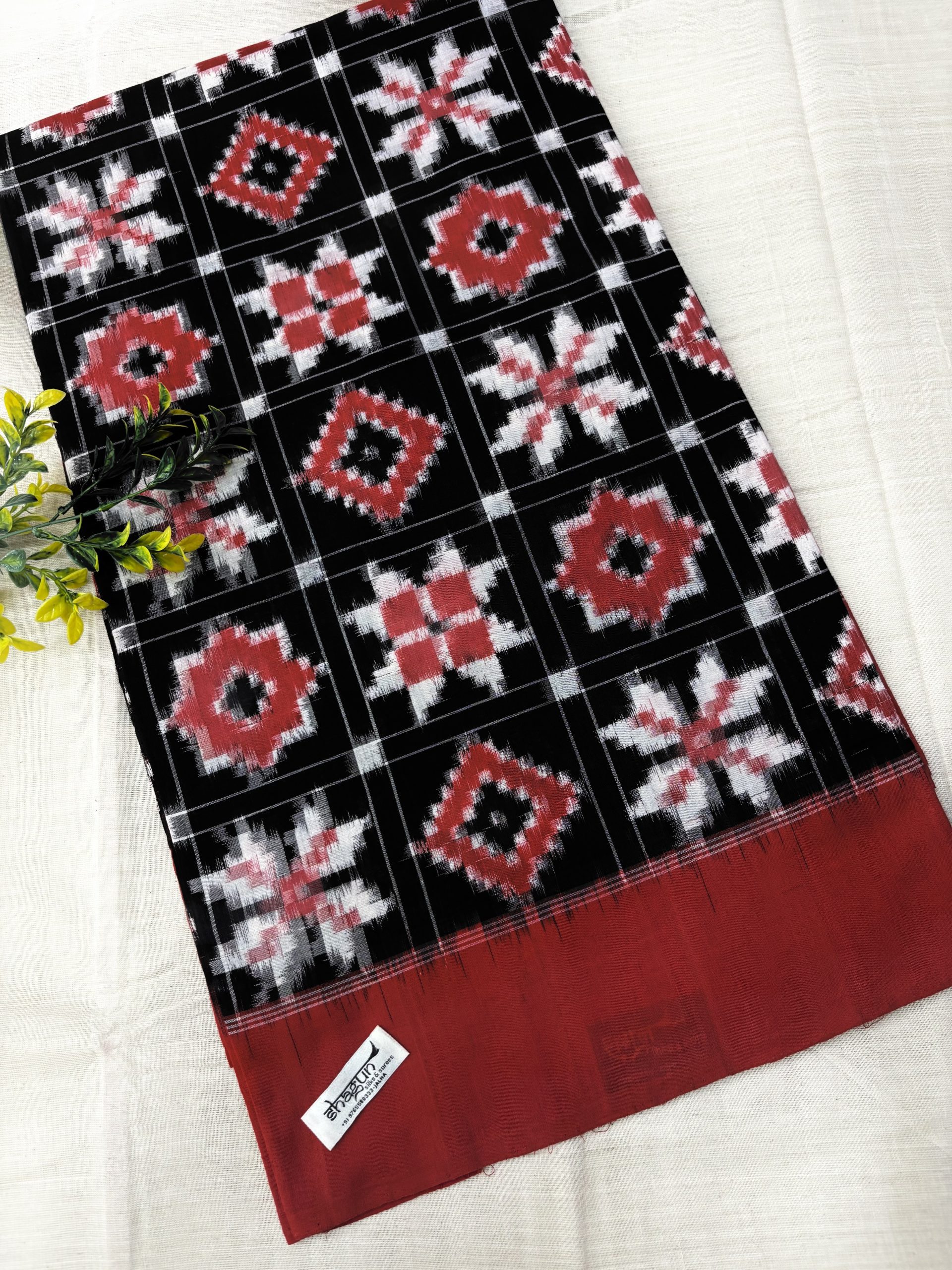 Black Red Checks 4 Motifs Telia Rumal Cotton Saree