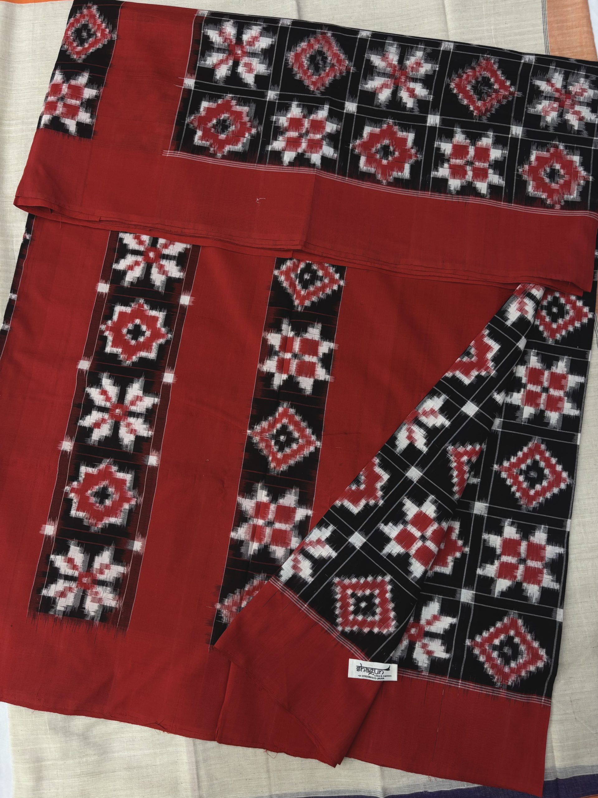 Black Red Checks 4 Motifs Telia Rumal Cotton Saree