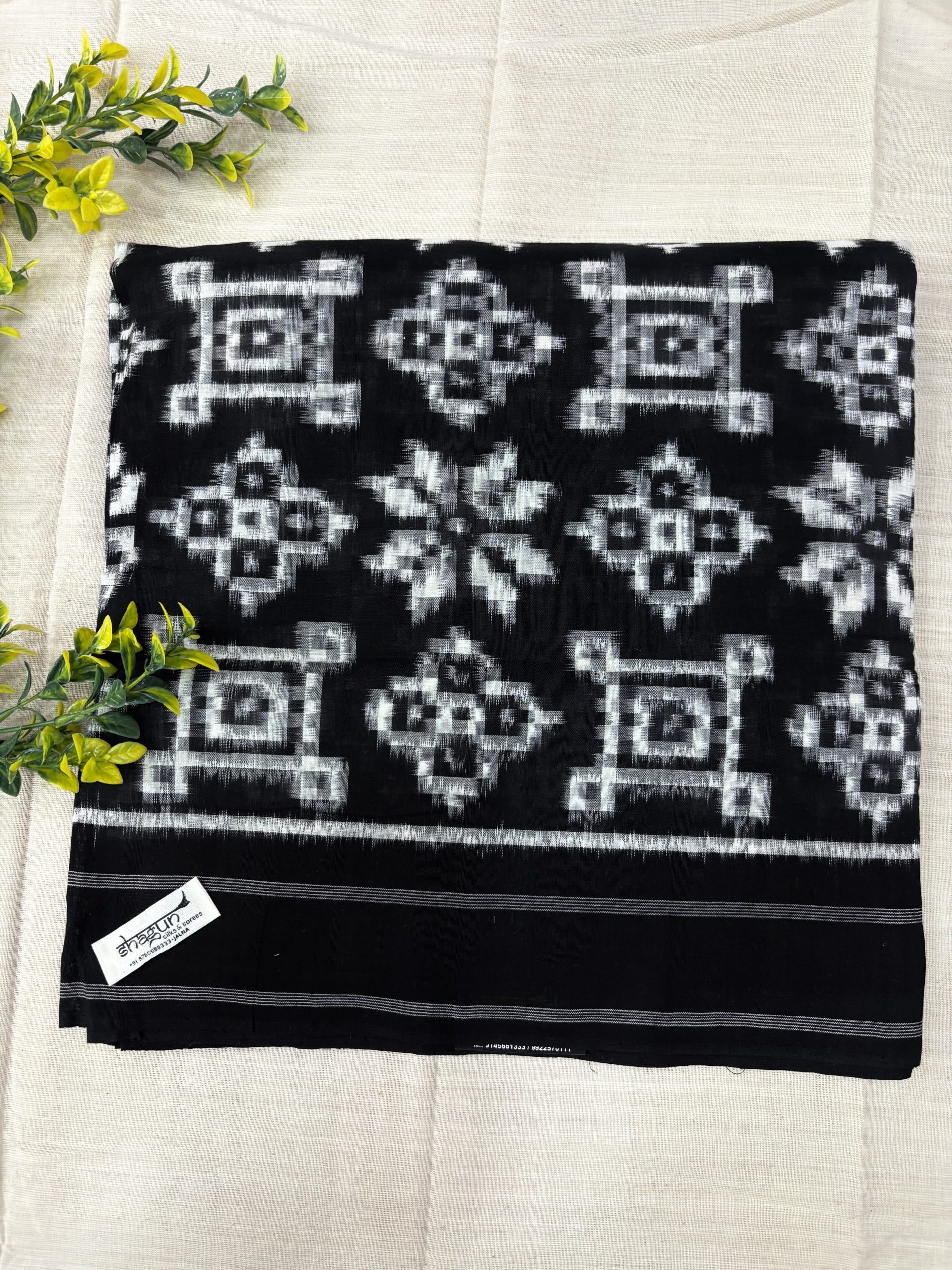 Black White 3 Motifs Telia Rumal Cotton Saree