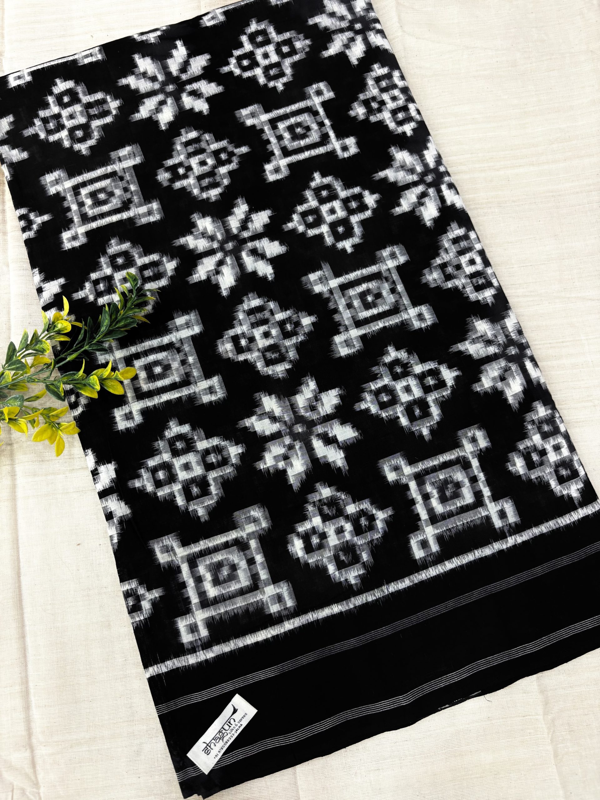 Black White 3 Motifs Telia Rumal Cotton Saree