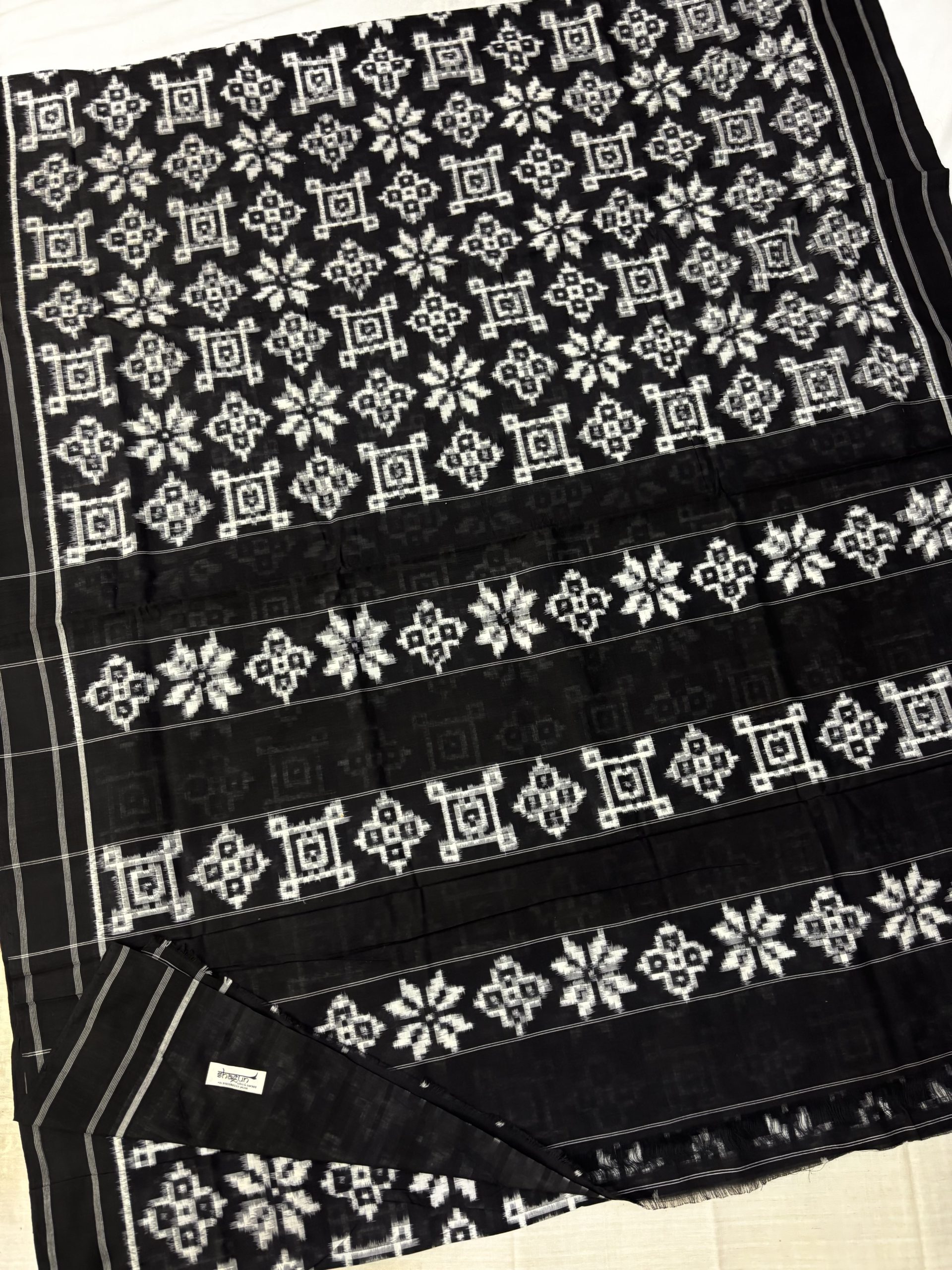 Black White 3 Motifs Telia Rumal Cotton Saree