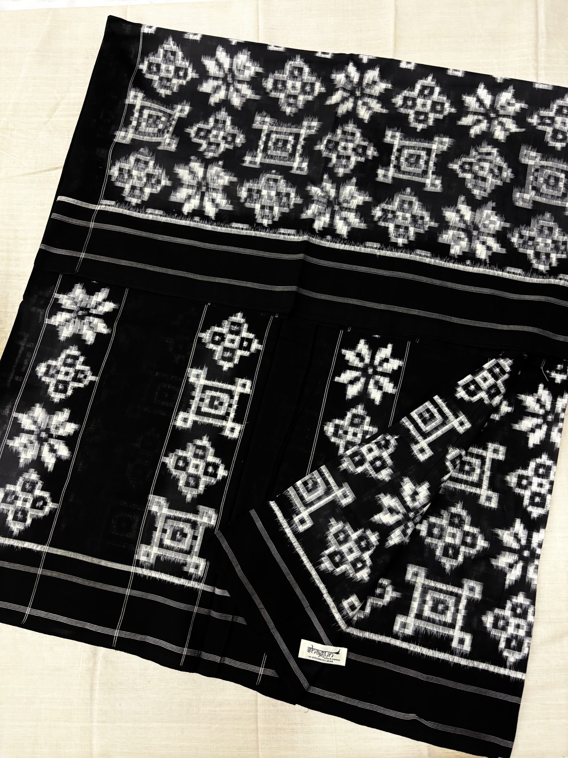 Black White 3 Motifs Telia Rumal Cotton Saree