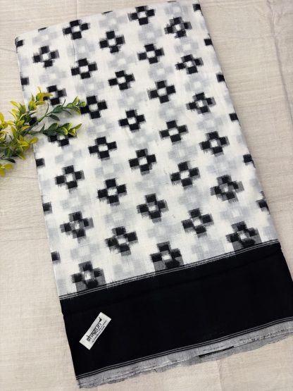 Black & White Checks Double Ikkat Cotton Saree