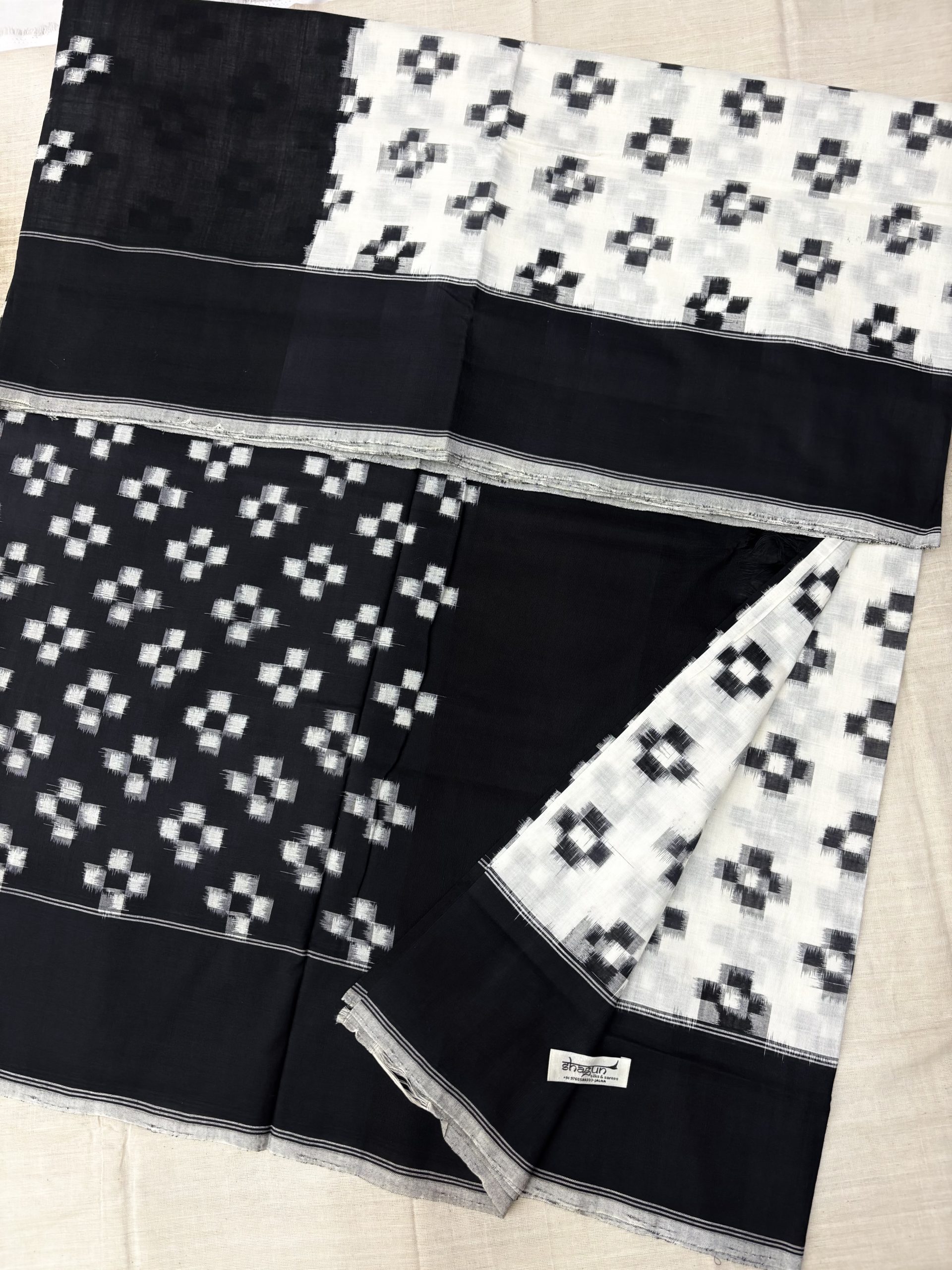 Black & White Checks Double Ikkat Cotton Saree