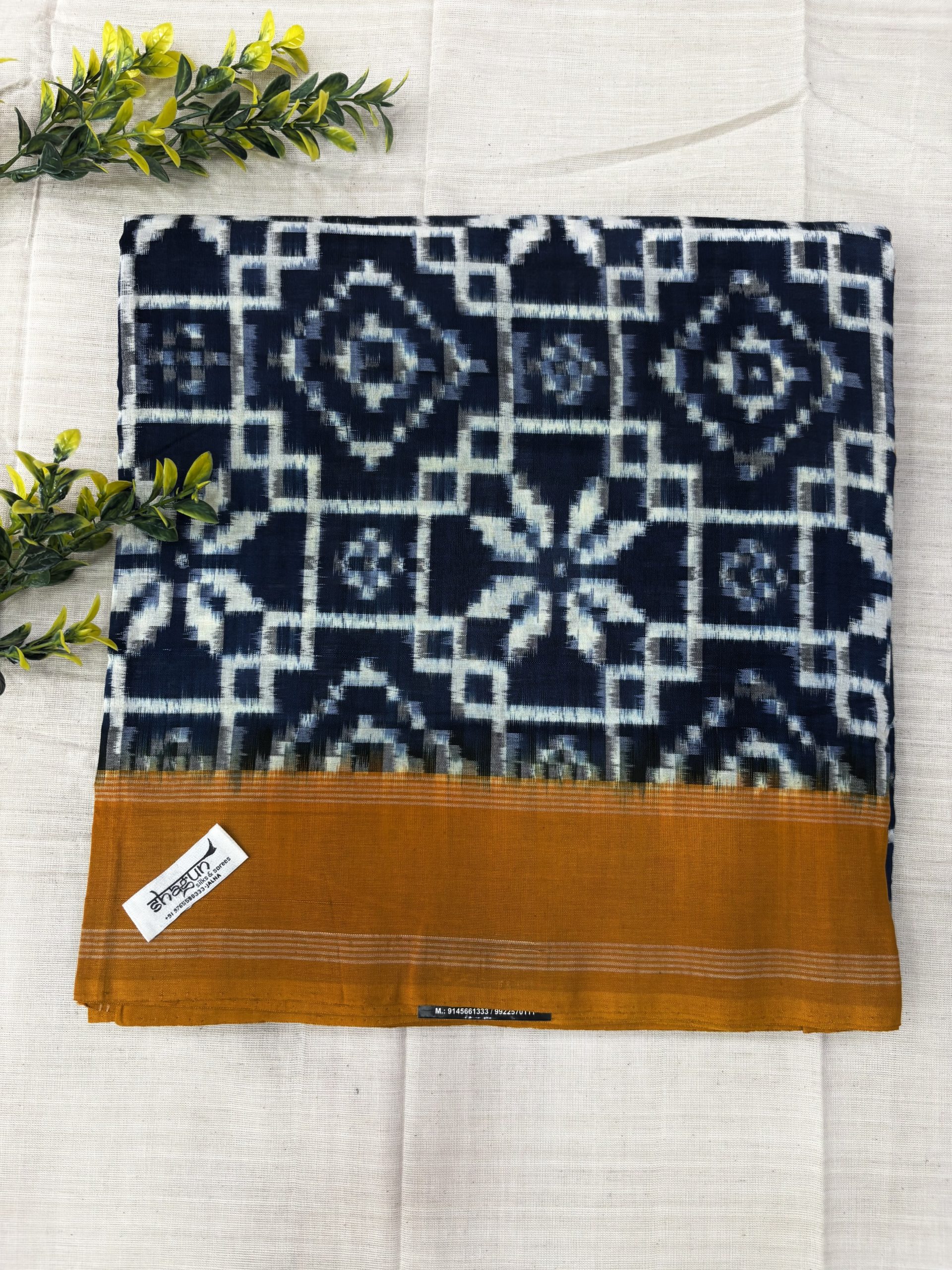 Blue Mustard Geometric Motifs Telia Rumal Cotton Saree