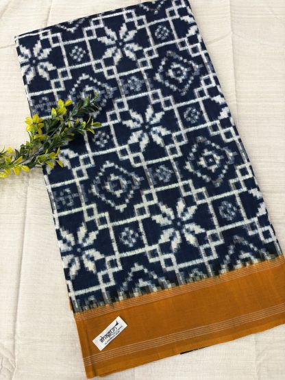 Blue Mustard Geometric Motifs Telia Rumal Cotton Saree