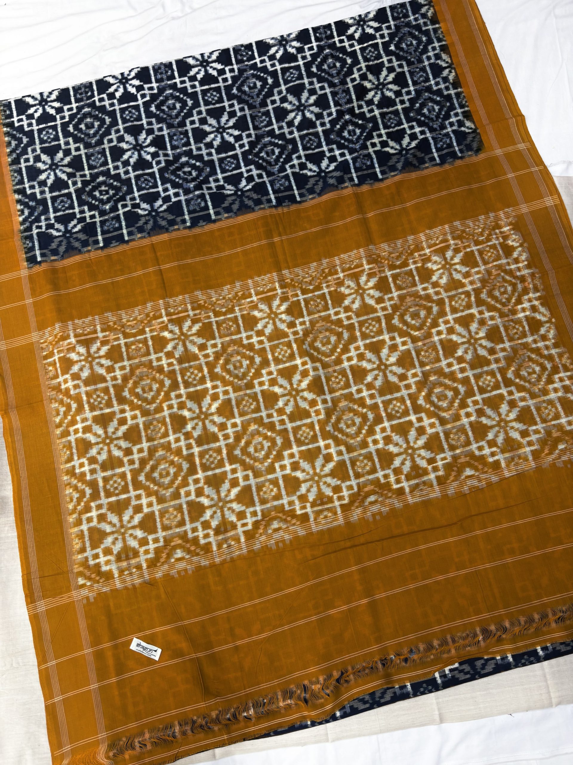Blue Mustard Geometric Motifs Telia Rumal Cotton Saree