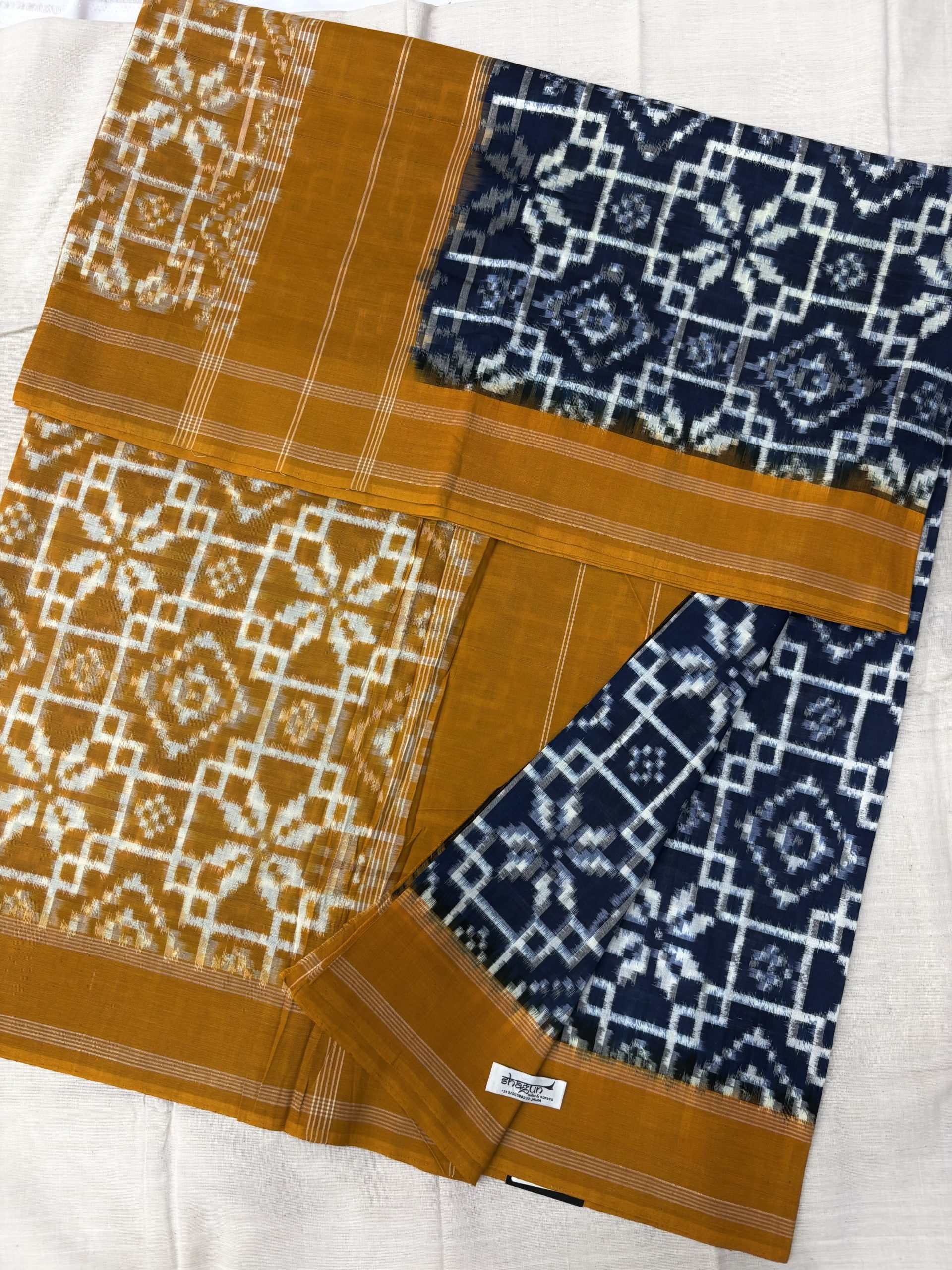 Blue Mustard Geometric Motifs Telia Rumal Cotton Saree