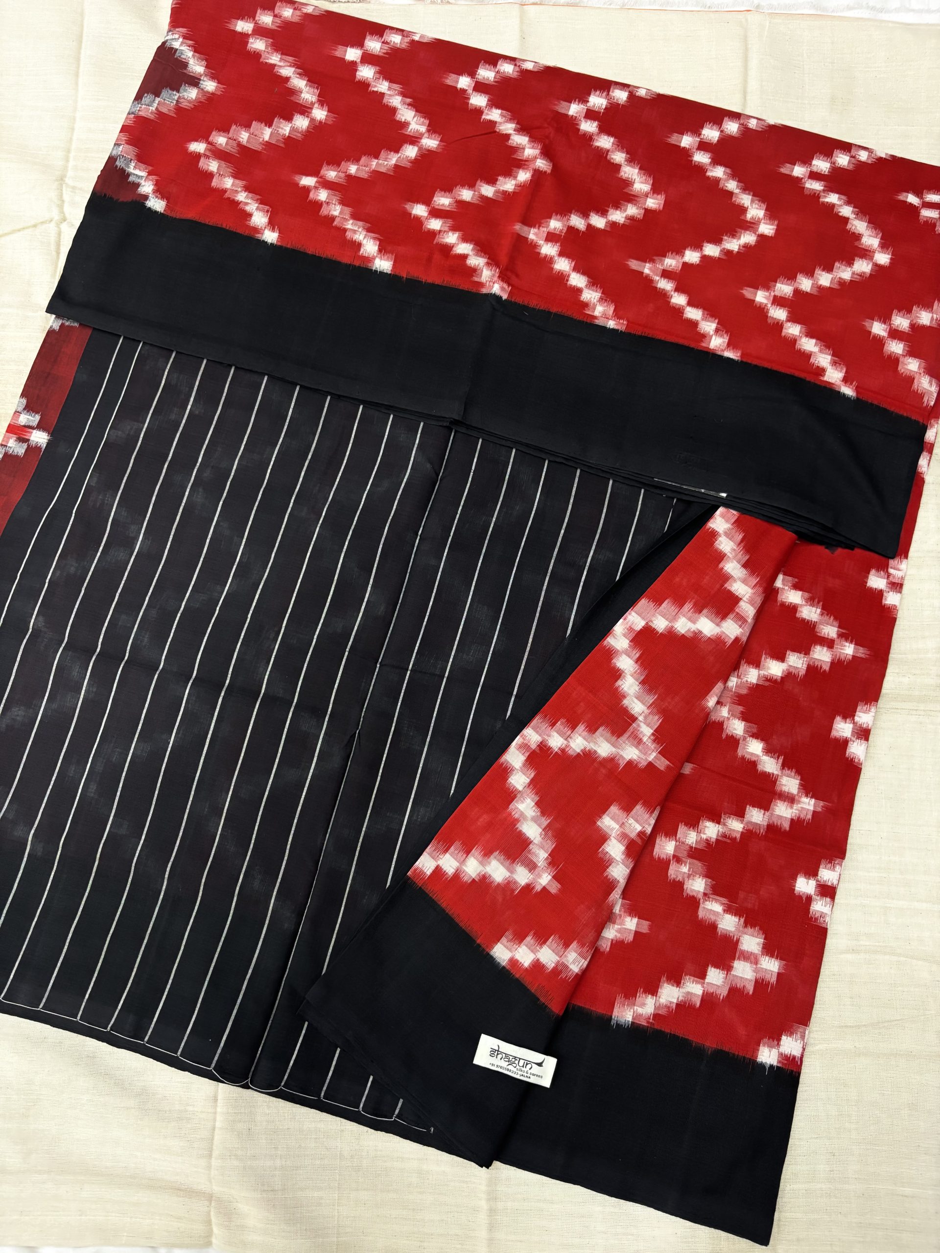 Black–Red Zig Zag Ikkat Cotton Saree